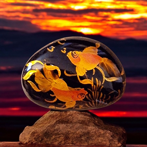 OOAK! Hand Painted Koi Fish On Polished Semiprecious Onyx Stone!